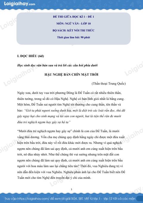 Đề thi giữa kì 1 Văn 10 Kết nối tri thức - Đề số 6